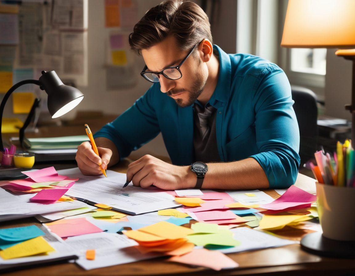 A focused individual sitting at a cluttered desk, intently reviewing documents with a magnifying glass, surrounded by colorful sticky notes and highlighters. A soft beam of light shines down, illuminating precise details on the papers. The atmosphere conveys diligence and attention to detail, with an inspiring coffee mug beside them. The overall mood is creative and intellectual. super-realistic. vibrant colors.