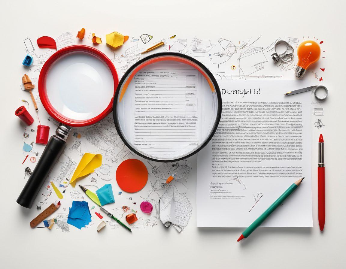 An artistic concept illustrating the transformation from critique to creation, featuring a half-split scene: one side shows a magnifying glass scrutinizing documents with red marks and notes, while the other side displays vibrant, colorful tools and crafts reflecting creativity and innovation. Include a lightbulb symbolizing ideas floating above. super-realistic. vibrant colors. white background.